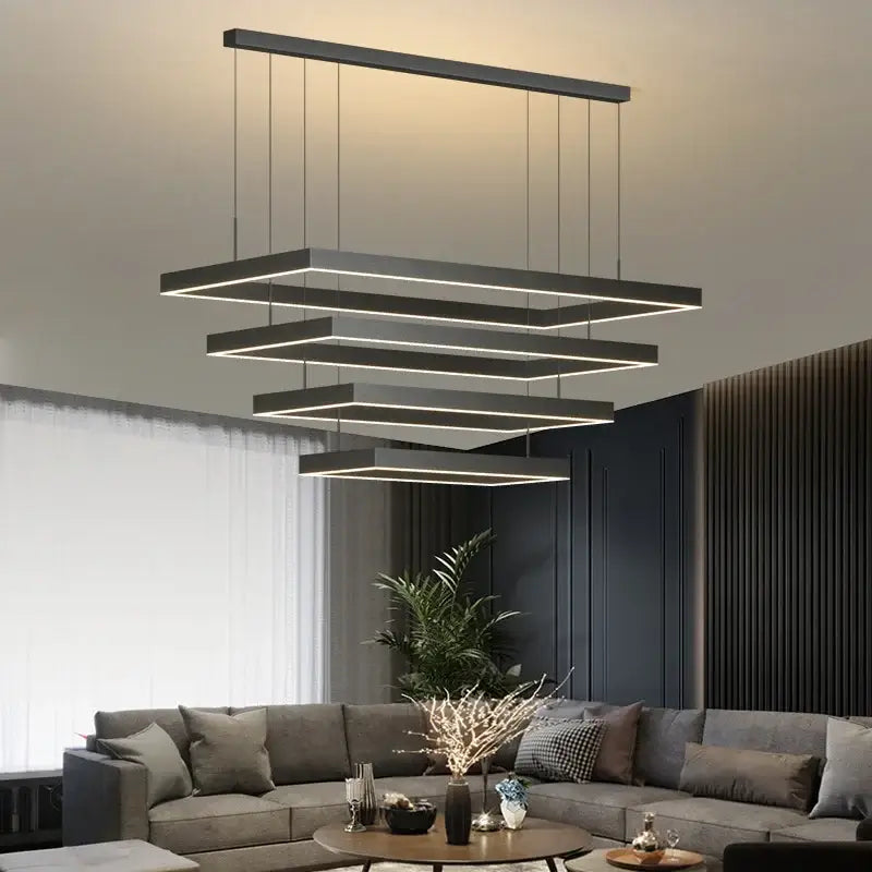 Modern black rectangular dimmable LED ceiling chandelier with layered geometric design for living room by DecorBites