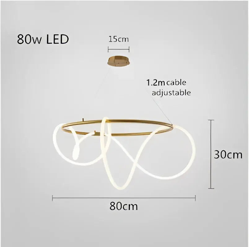 Gold-toned circular DecorBites™ dimmable nordic LED ceiling chandelier with 30cm diameter and white flexible light strands for home decor