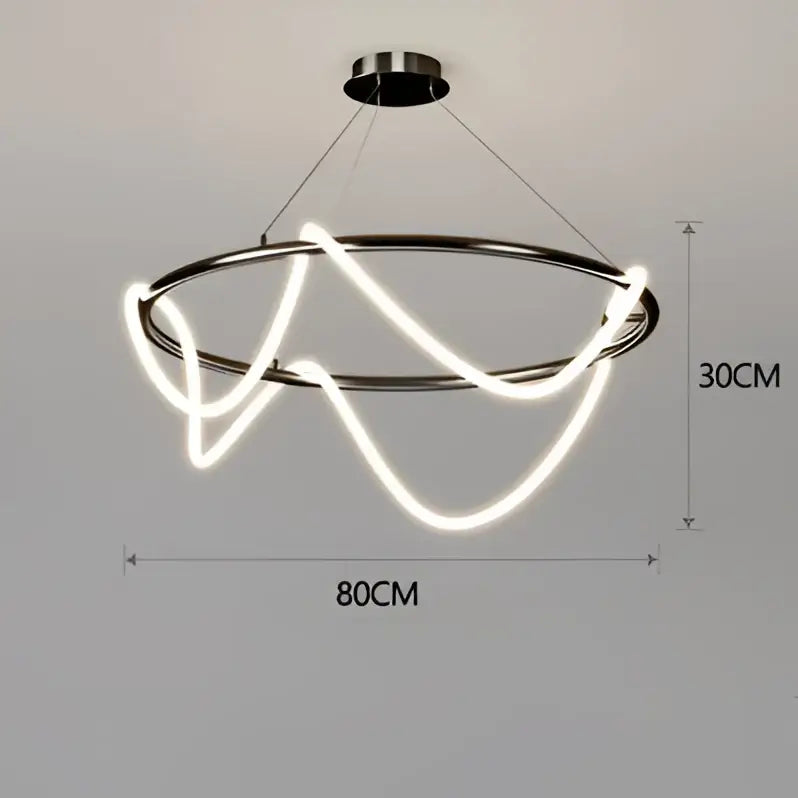 Modern minimalist ceiling chandelier with sleek chrome frame and flowing white nordic hose led for home decor