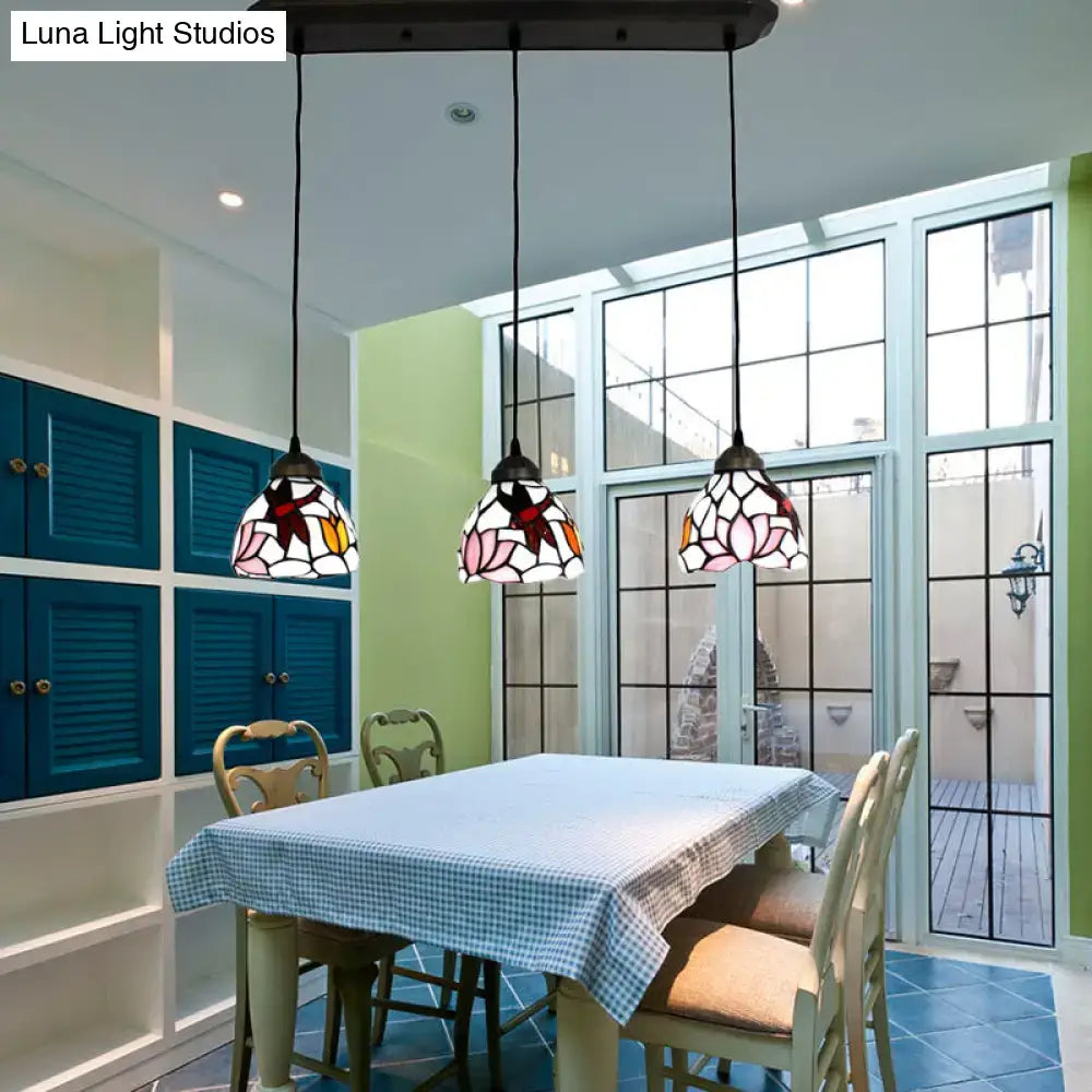 Three hanging pendant lights with stained glass floral and star shades in pink white orange and yellow for dining table use 220v-240v compatible