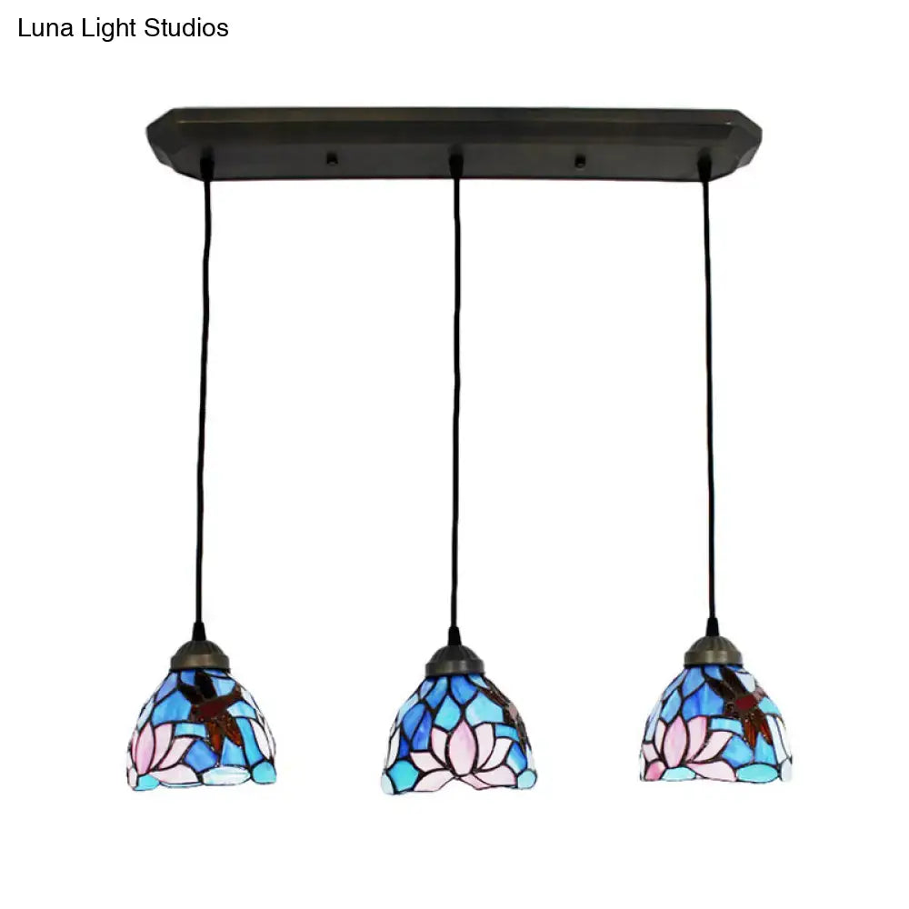 DecorBites™ dragonfly linear three-light stained glass pendant fixture with blue pink brown floral motifs 220v-240v chain cord length compatible with led incandescent fluorescent bulbs