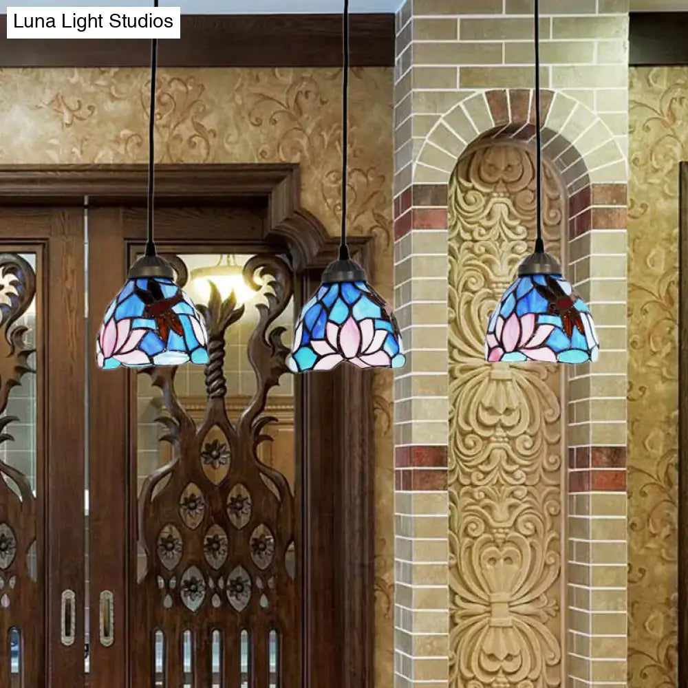 Three hanging stained glass pendant lights with blue pink and brown floral designs decorbites™ dragonfly fixture 220v-240v