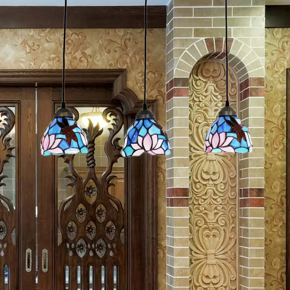 Decorbites™ dragonfly linear stained glass pendant lights with blue pink brown floral design chain cord length 220v-240v 110v-120v
