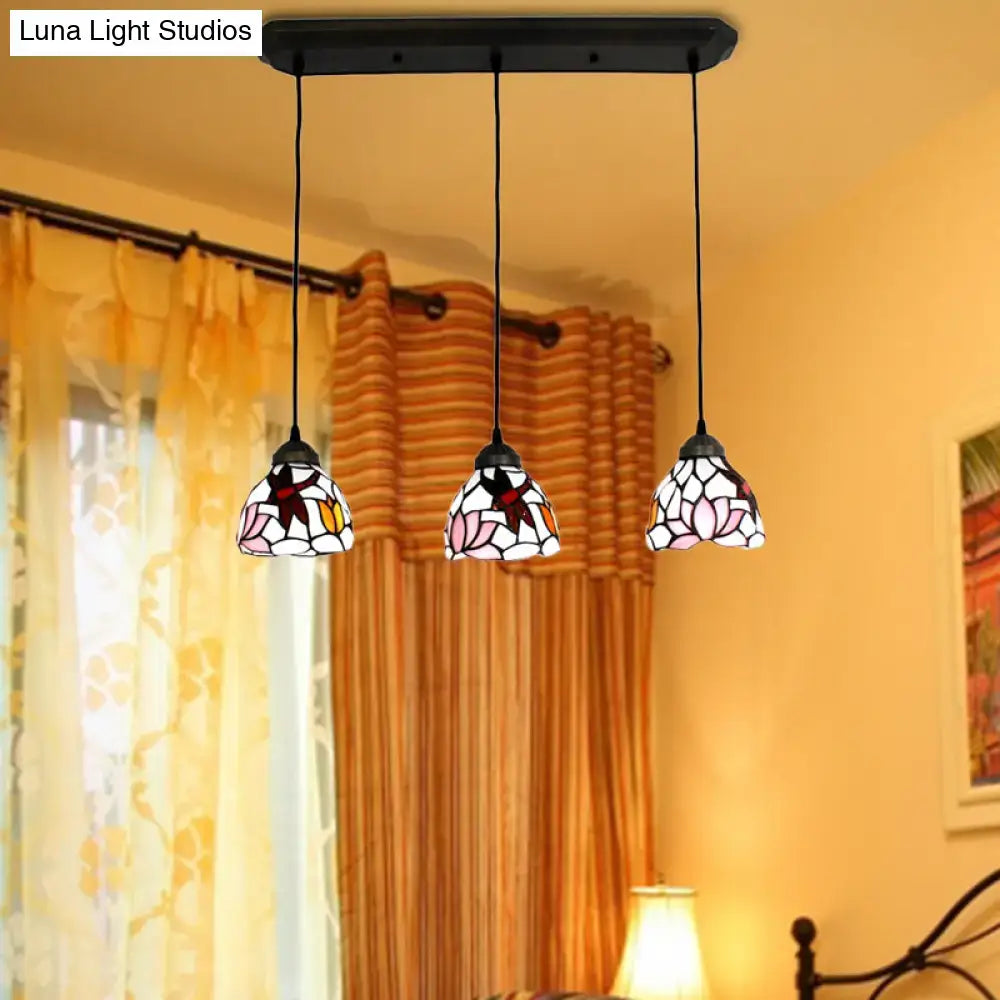 DecorBites dining table hanging lights with three stained glass shades featuring floral and bird designs, compatible with 110v-120v and led incandescent fluorescent bulbs