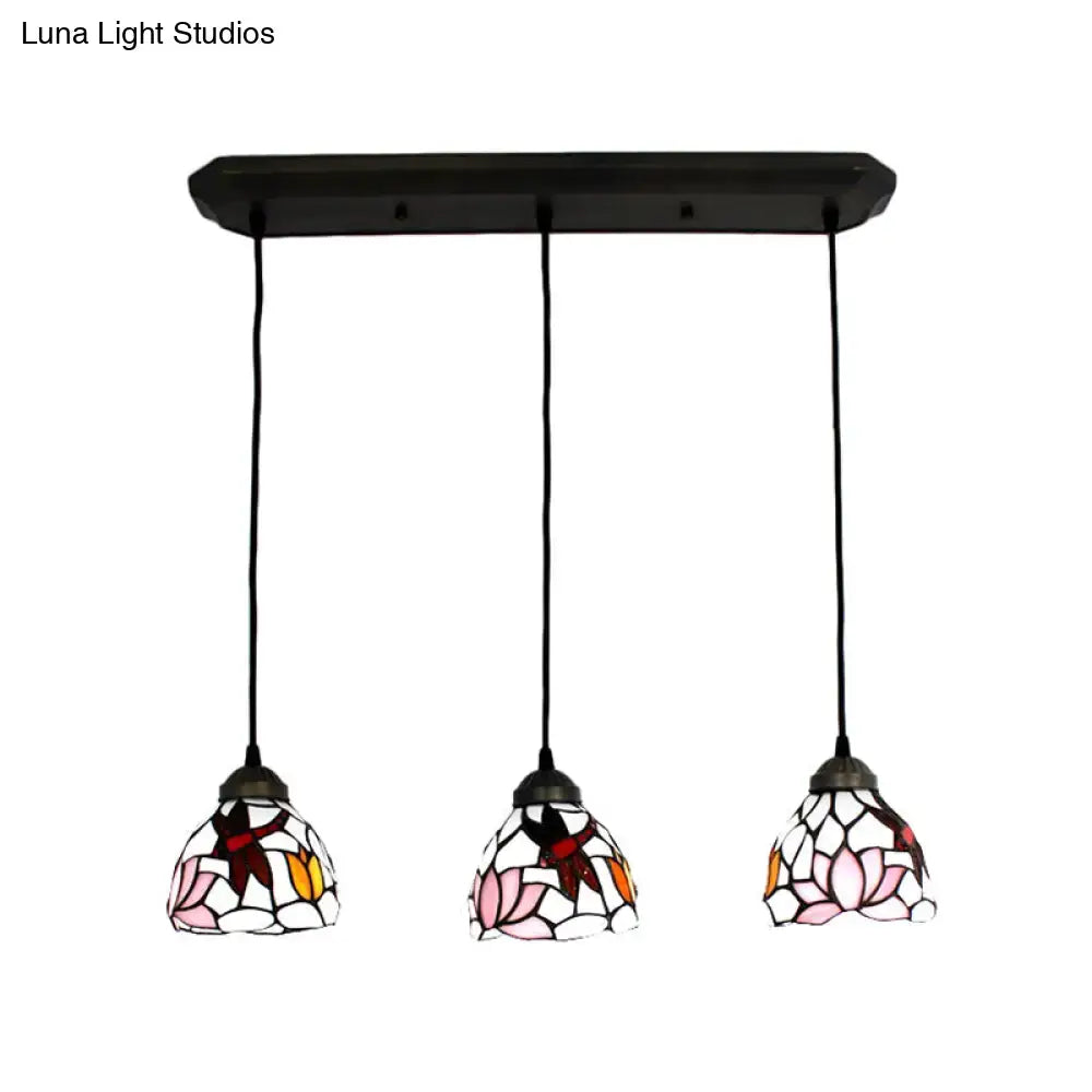 Decorbites™ three-light stained glass pendant fixture with floral art glass shades and black metal frame includes chain cord length compatible with 220v-240v and 110v-120v led incandescent fluorescent bulbs
