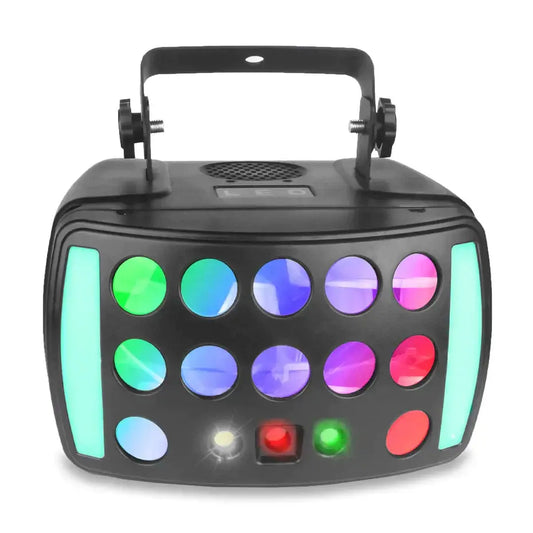 Black led light panel with colorful circular filters and glowing side bars for decorbites disco derby party lighting