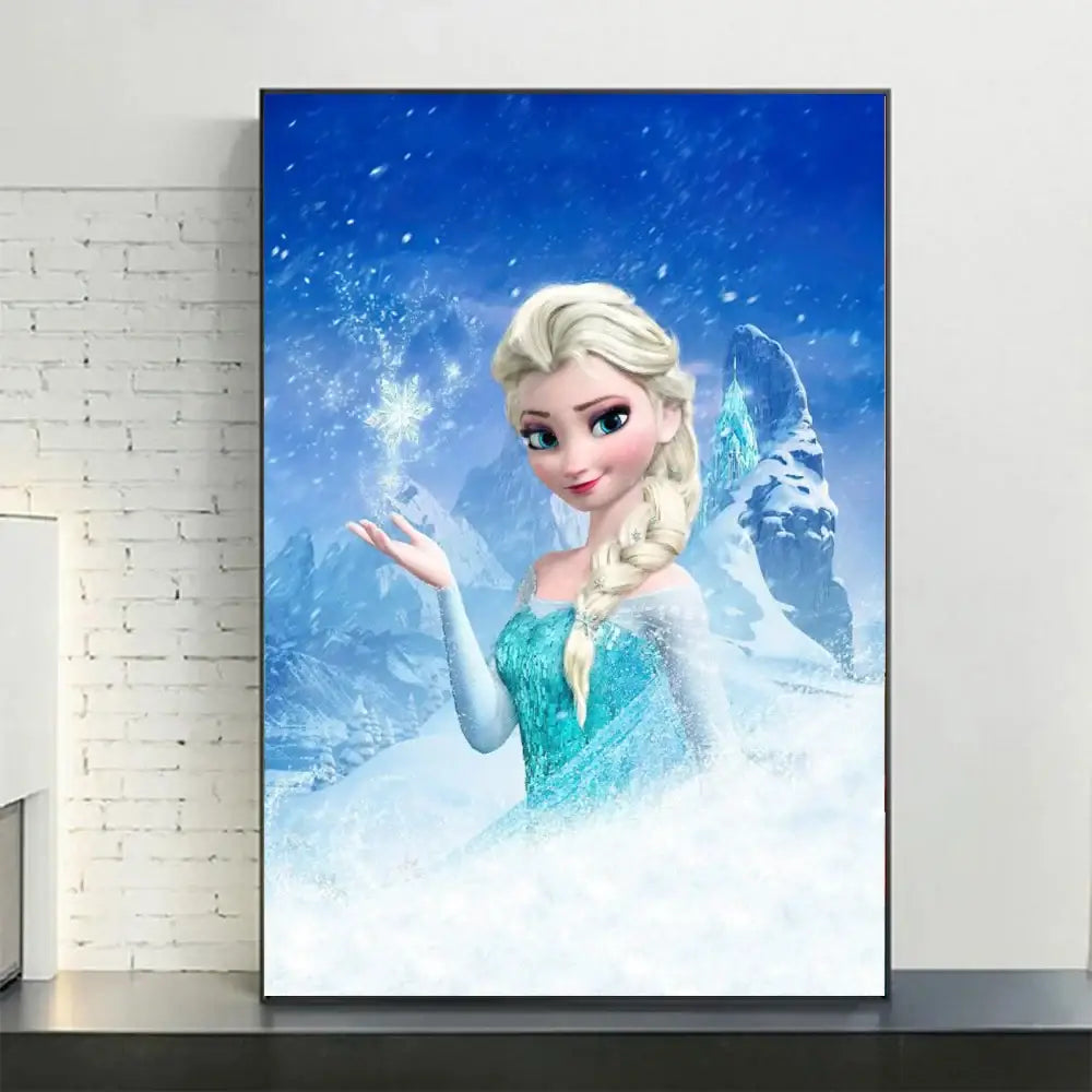 A framed decorbites™ disney frozen anna and elsa canvas art featuring elsa canvas in a shimmering teal gown against a snowy backdrop