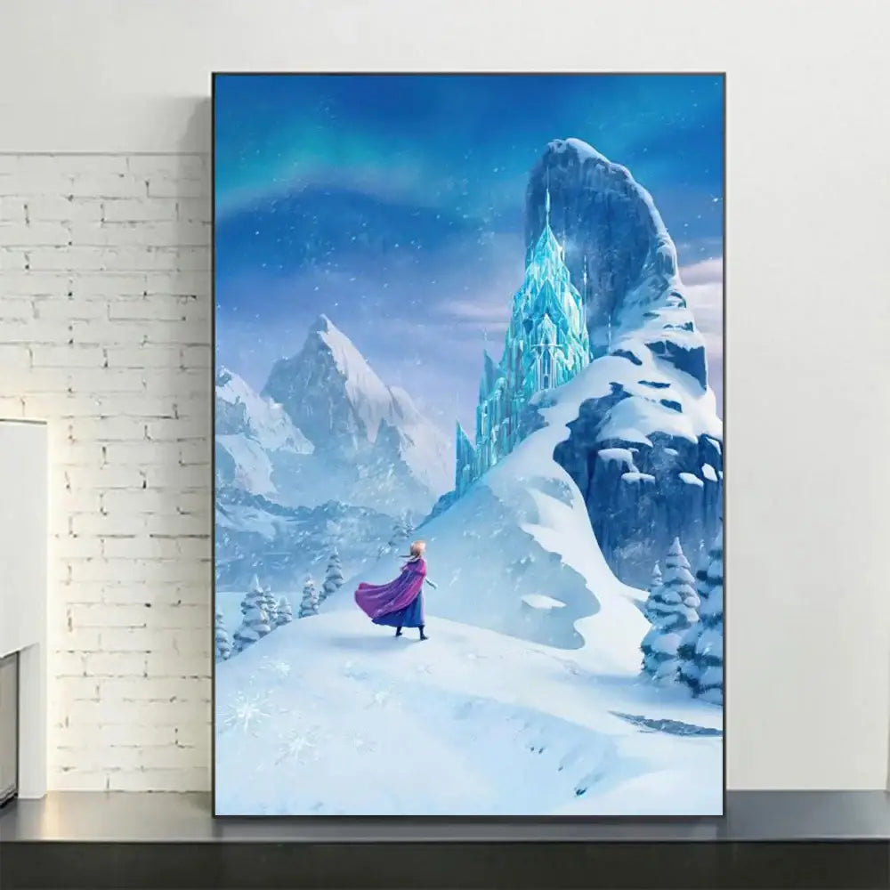 Framed DecorBites™ disney frozen elsa canvas art showing elsa on snowy mountain with purple cape near icy castle