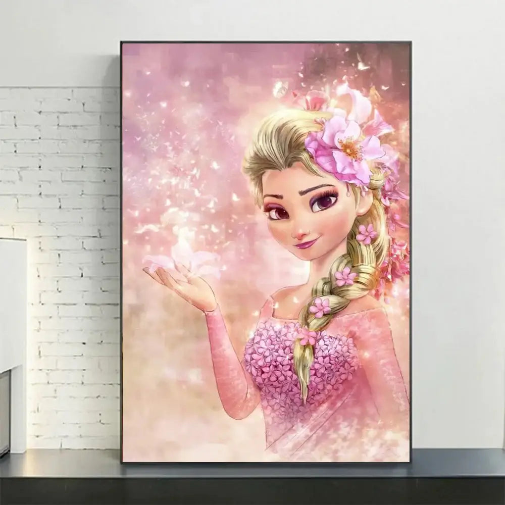 A framed canvas print of disney frozen elsa in a pink floral design from decorbites™ disney frozen anna and elsa canvas art