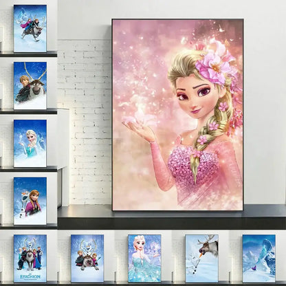 Pink floral-patterned disney frozen elsa canvas art with detailed handcrafted design and glittery pastel accents by decorbites