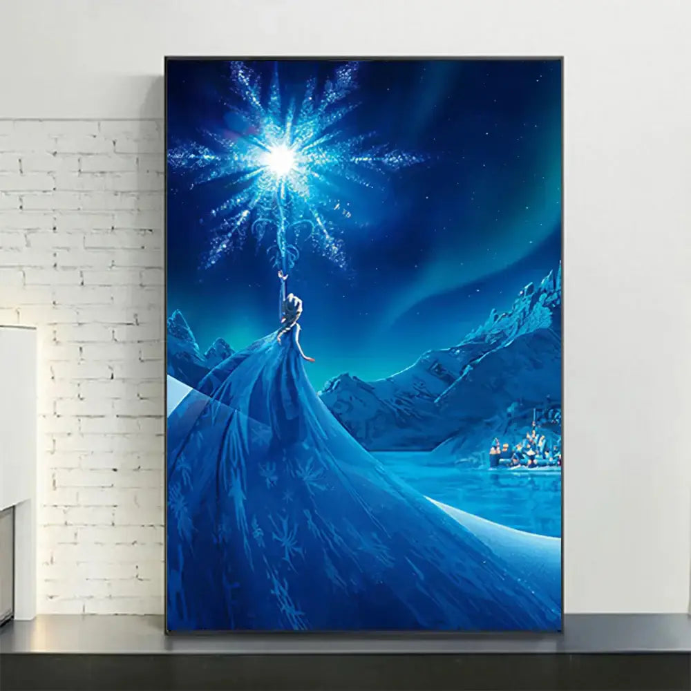 Vibrant blue disney frozen elsa canvas print with flowing gown and ice spell against starry night sky from decorbites