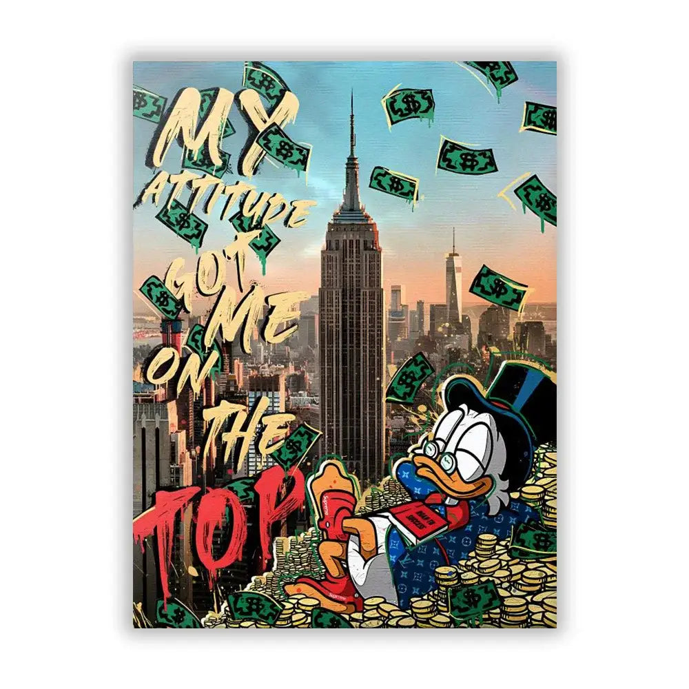 A vibrant disney marvel donald duck canvas wall art featuring donald duck in a suit with falling dollar bills and coins