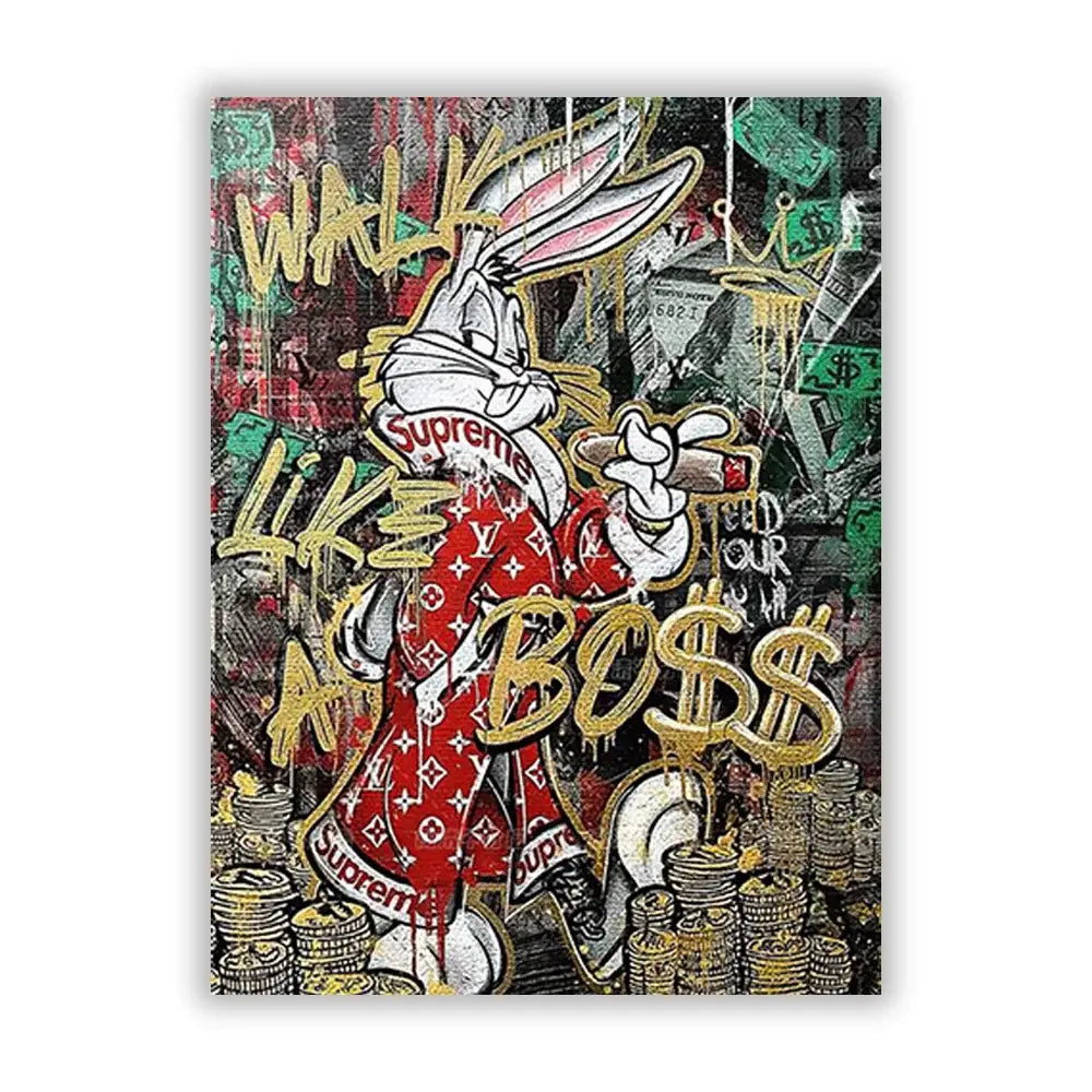 Vibrant graffiti-style canvas wall art featuring bugs bunny in red louis vuitton robe with supreme and gold coins, ideal decorbites disney marvel donald duck product