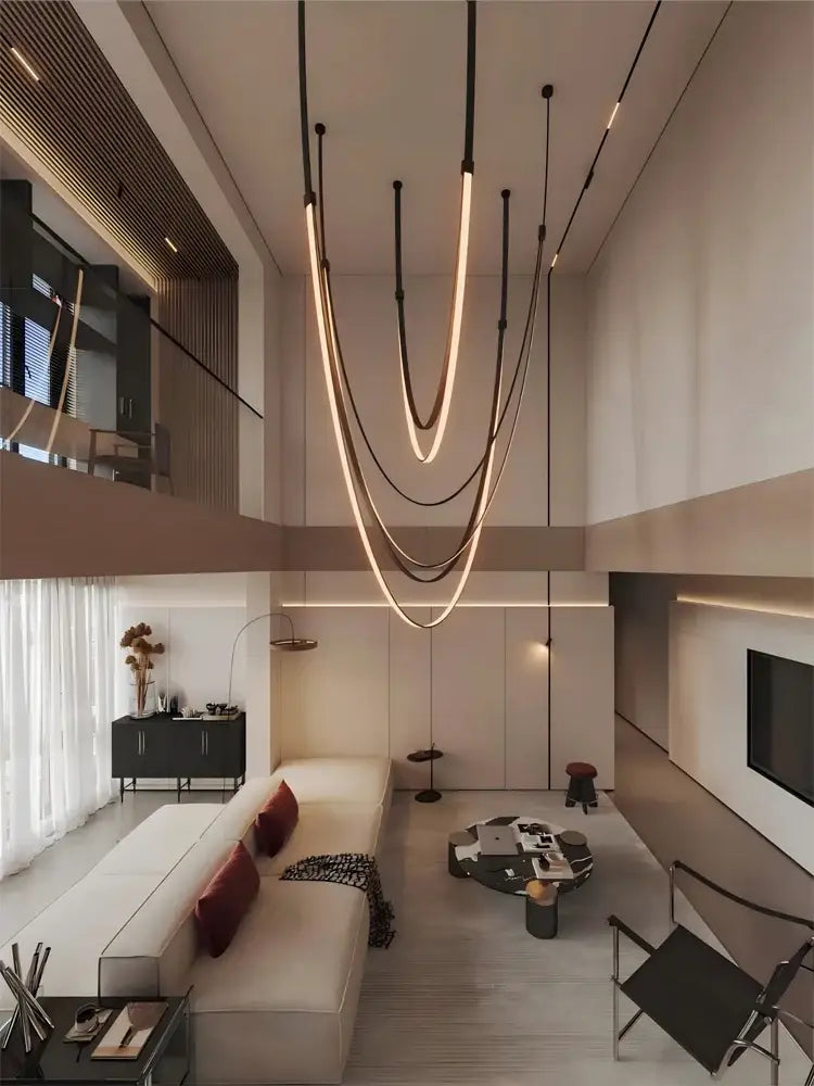 Modern minimalist DecorBites™ DIY flexible leather belt LED chandelier with sleek curved light strips and warm glow