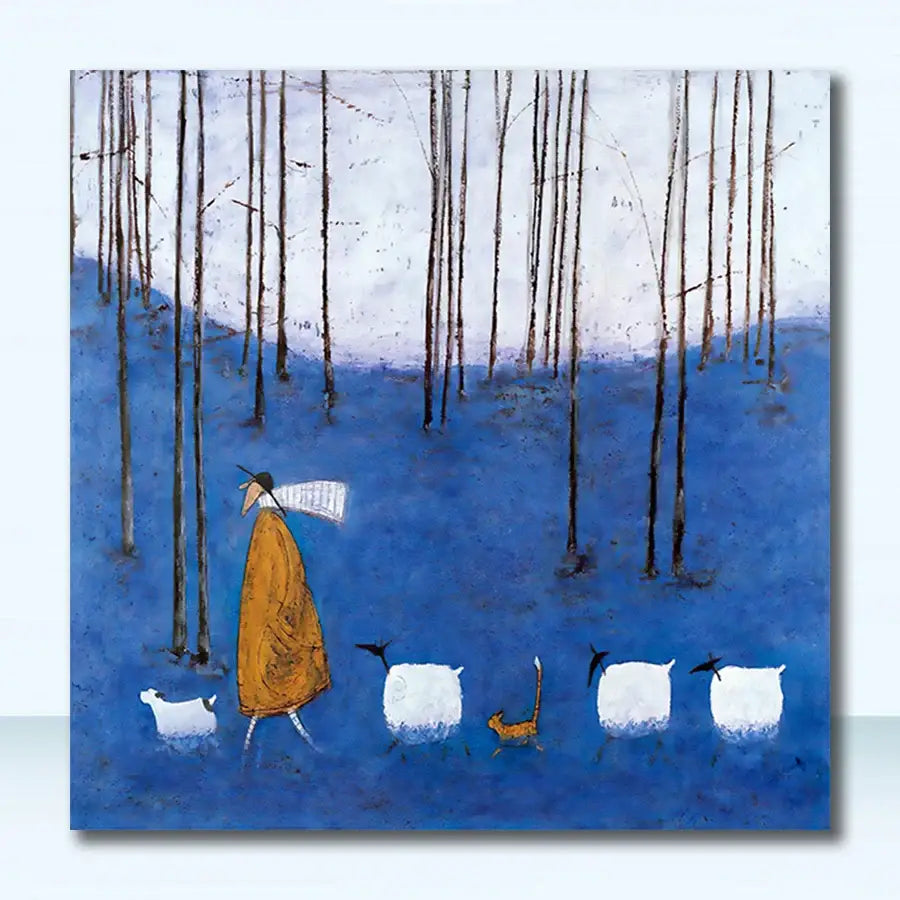 Decorbites™ dog lover nordic canvas wall art features a stylized figure in an orange robe in a blue forest with sheep