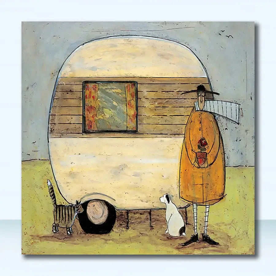 DecorBites™ dog lover Nordic canvas wall art with whimsical hand-painted camper in cream and wood panels