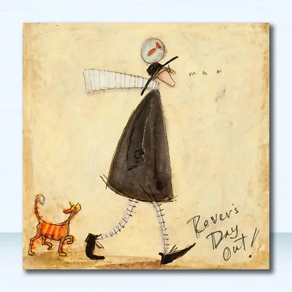 Decorbites™ dog lover nordic canvas wall art featuring a whimsical figure and striped orange cat in black coat