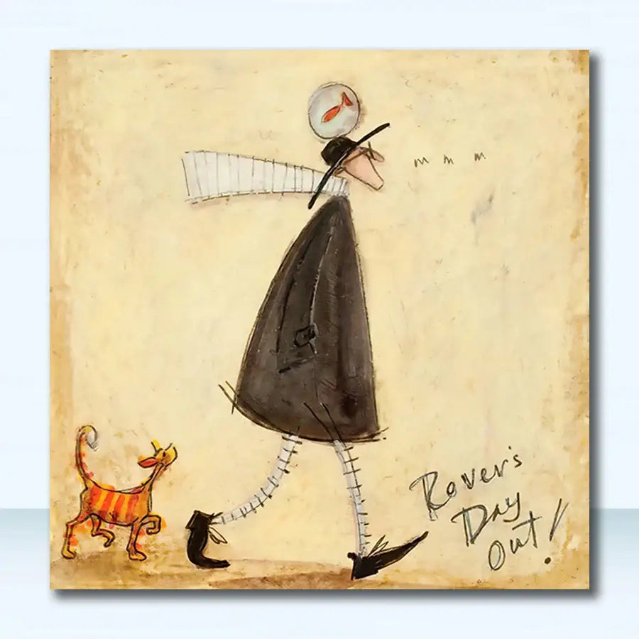 Decorbites™ dog lover nordic canvas wall art featuring a whimsical figure and striped orange cat in black coat