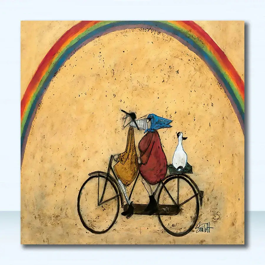Decorbites™ dog lover nordic canvas wall art featuring whimsical figures and a duck on a tandem bike under a rainbow arch