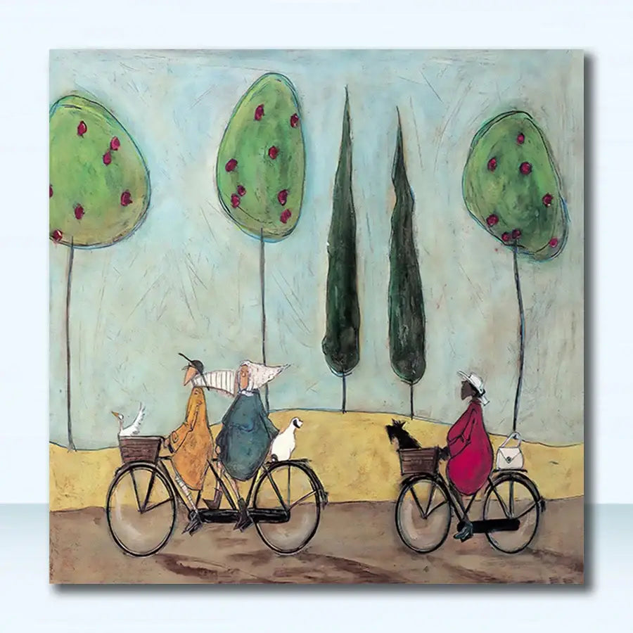 Decorbites™ dog lover nordic canvas wall art featuring whimsical cyclists and stylized trees on a square canvas wall art