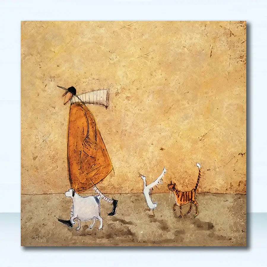 Decorbites dog lover nordic canvas wall art featuring a whimsical figure in orange coat with three animals on textured beige background
