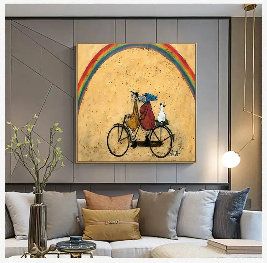 Decorbites™ dog lover nordic canvas wall art featuring a red figure riding a bike under a rainbow with a white bird