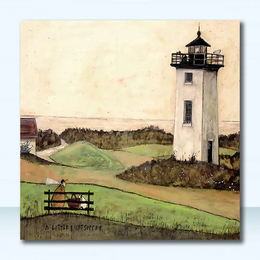 Decorbites™ dog lover nordic canvas wall art featuring a white lighthouse with black trim against a beige sky