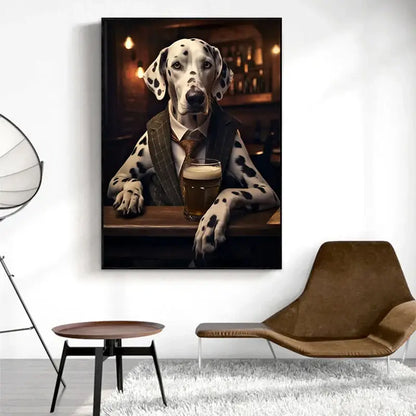 Framed decorbites™ dog pub canvas print wall art featuring a dalmatian in suit seated at bar with beer glass