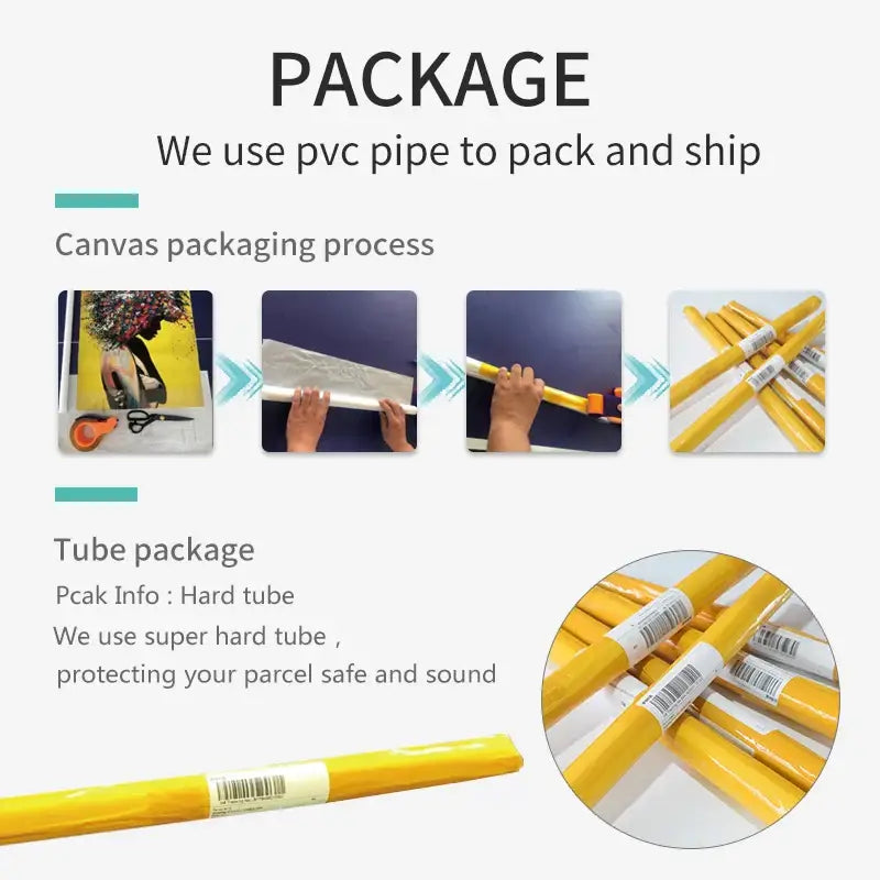 Yellow pvc packaging tubes with white labels and barcodes for decorbites™ dog pub canvas wall art shipping tubes