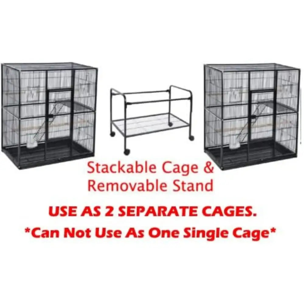 Black metal stackable dual breeding flight cage with multiple levels and removable wheeled stand for parrots