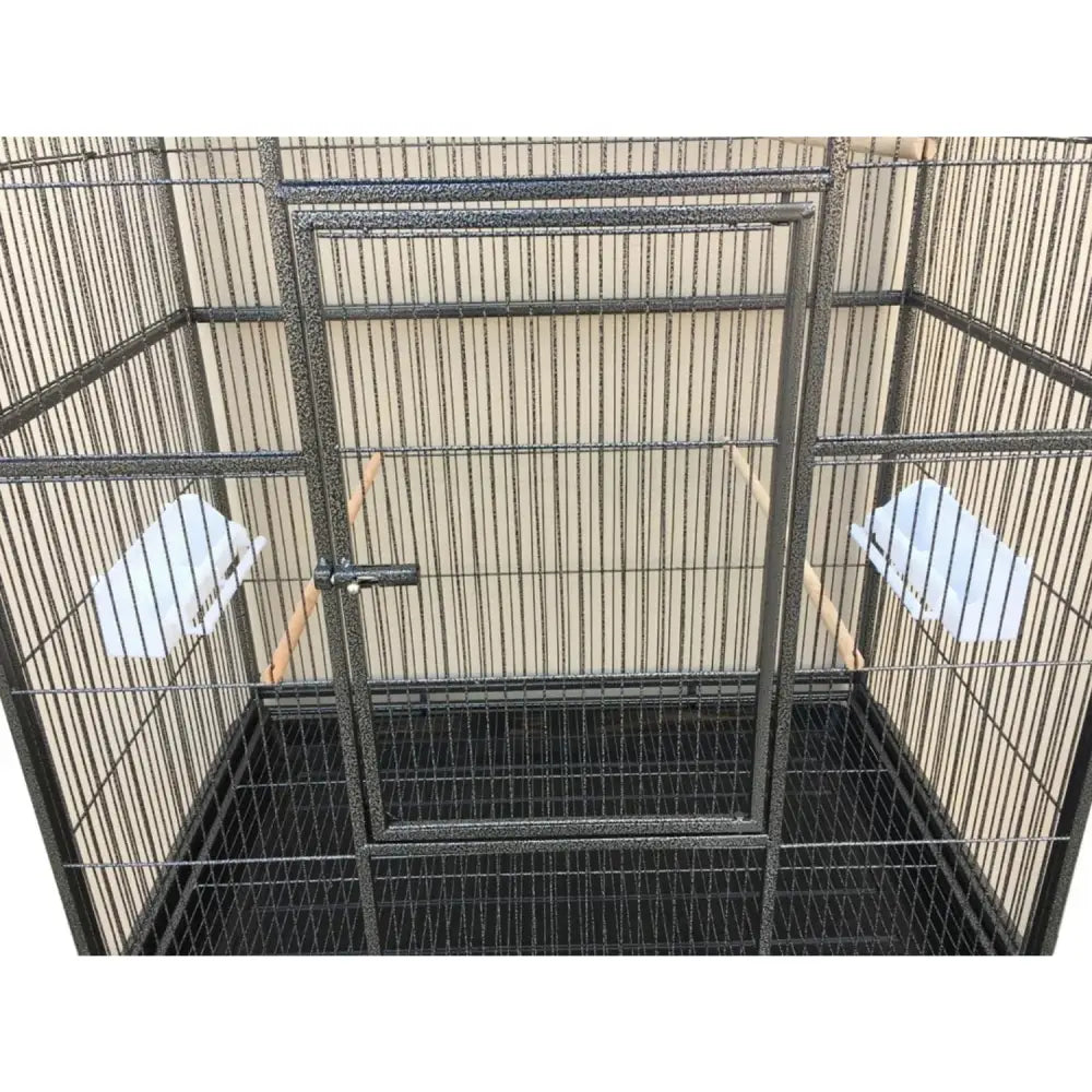 Black metal DecorBites™ dual breeding flight cage with door and wooden perches for parrots is a durable flight cage