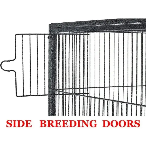 Black metal side breeding doors of decorbites dual breeding flight cage for parrots enhancing flight cage access