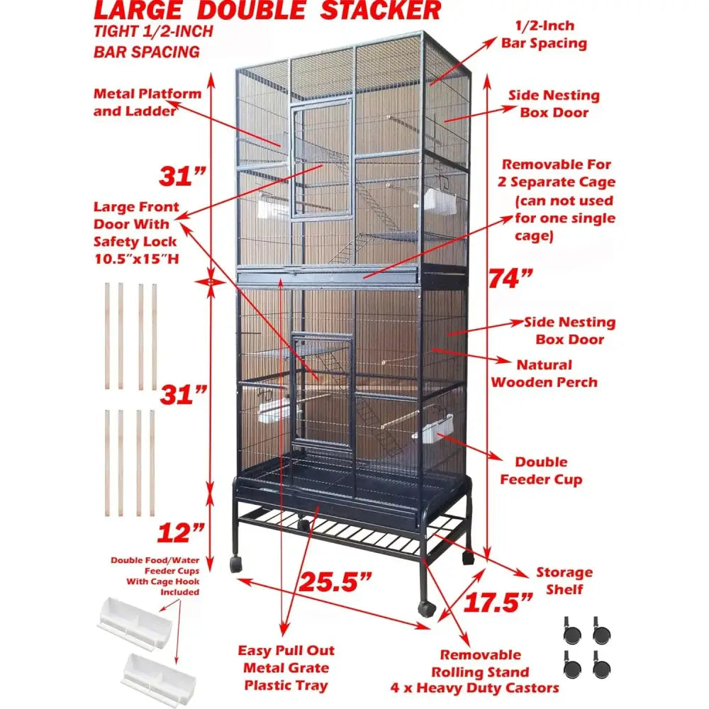 Black metal double stacker breeding flight cage with removable rolling stand and side nesting box doors by decorbites