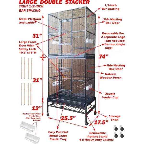 Black metal double stacker DecorBites Dual breeding flight cage with natural wooden perch and removable nesting box doors