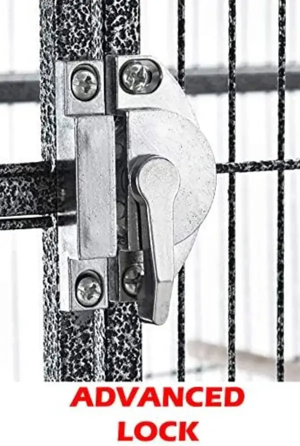 Silver-toned metal latch lock with textured finish and four screws on decorbites dual breeding flight cage for parrots