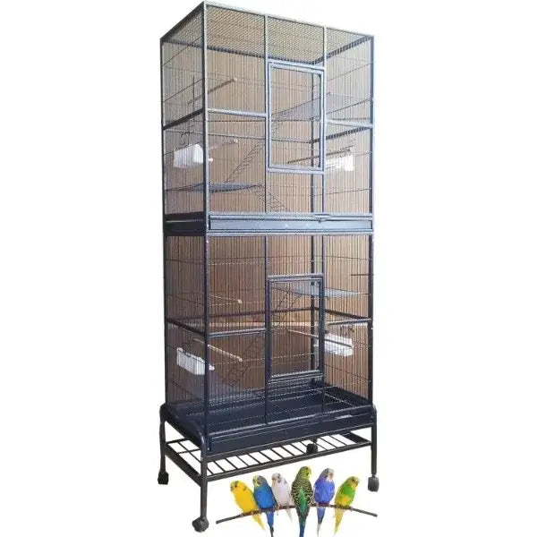 Tall black metal decorbites dual breeding flight cage for parrots with multiple levels sliding doors and wheeled base