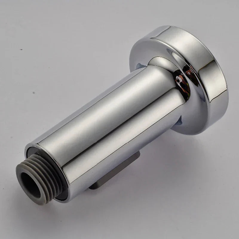 Chrome-finished decorbites dual function kitchen sprayer head with sleek cylindrical design and threaded connection