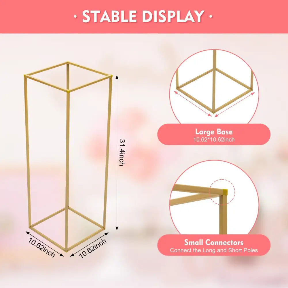 Decorbites™ elegant 10-piece gold metal wedding flower stand with square frame and stable base for wedding flower display