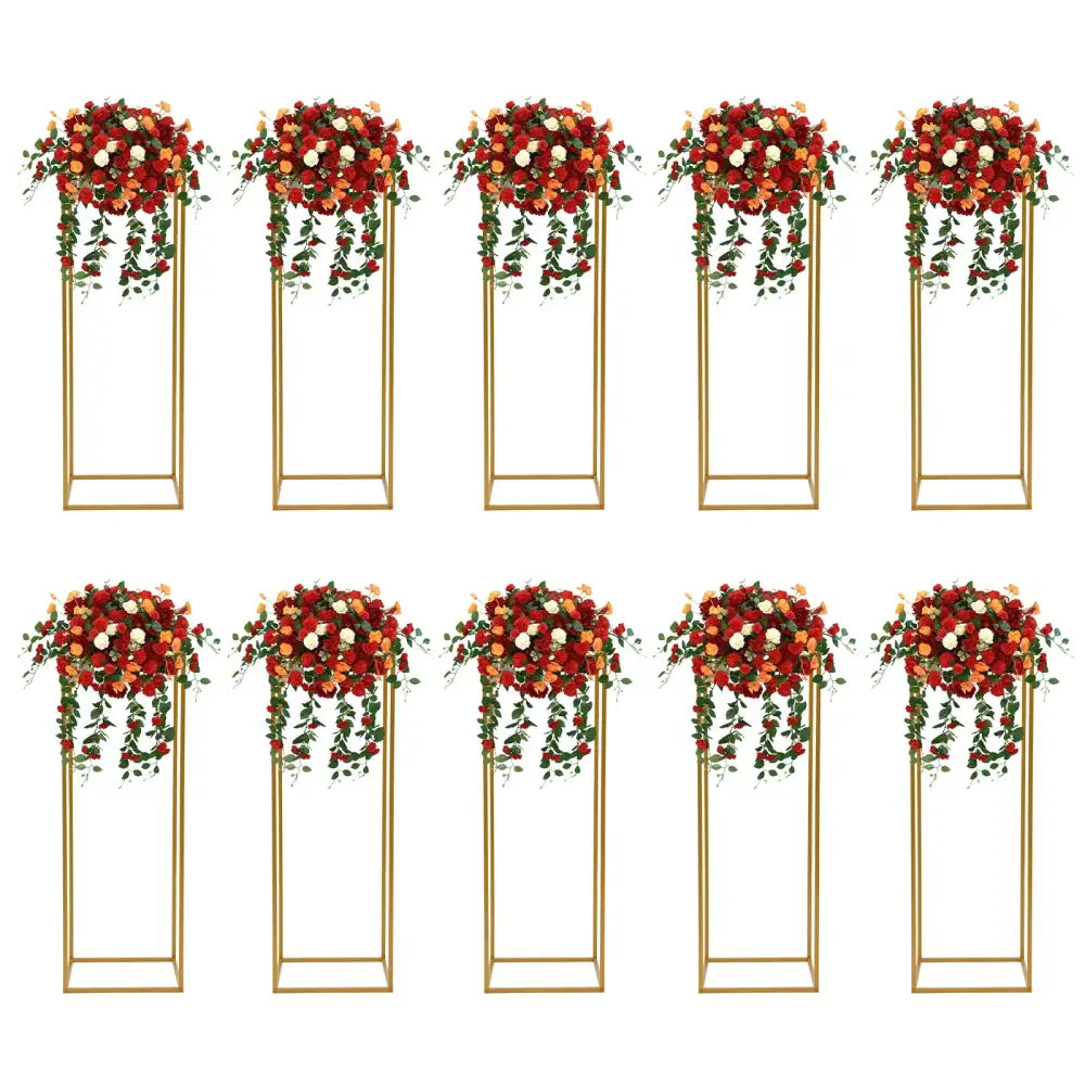 Decorbites™ elegant 10-piece gold metal wedding flower stand with red orange white artificial flowers and green vines