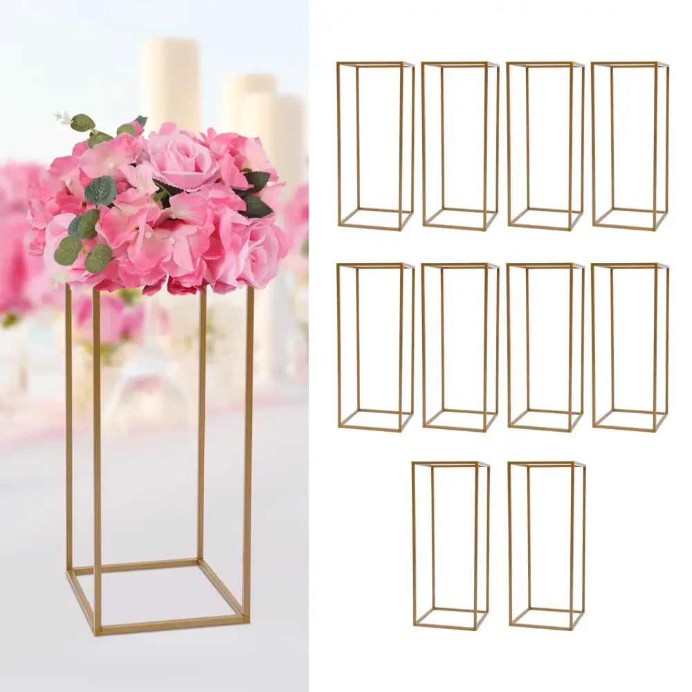 Gold-colored metal rectangular flower stand with minimalist geometric frame for elegant wedding flower display by DecorBites
