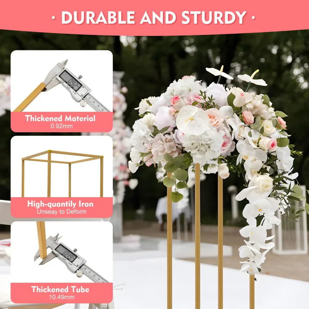 Gold-colored metal wedding flower stand with cascading white pink and cream artificial flowers by decorbites