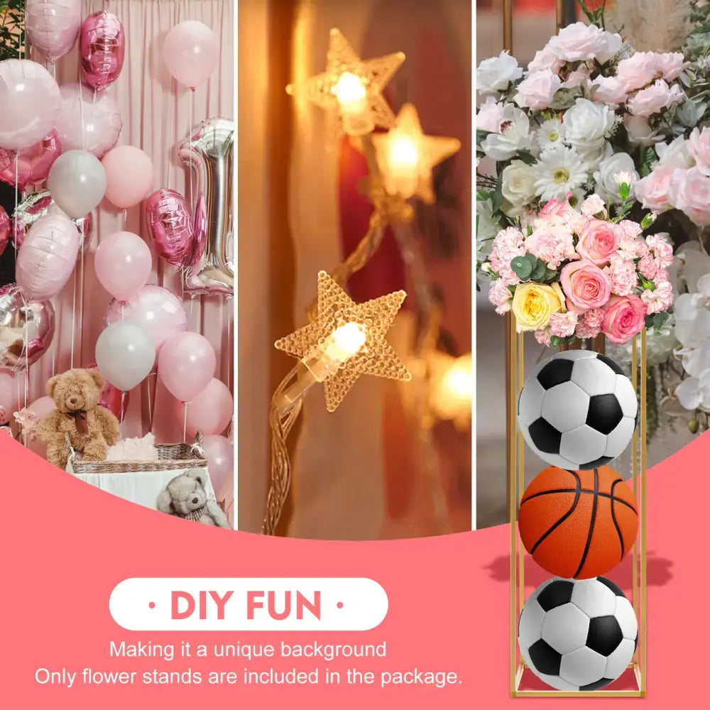 Gold-colored metal flower stand holding vertical sports balls arrangement for wedding flower display decorbites elegant 10-piece