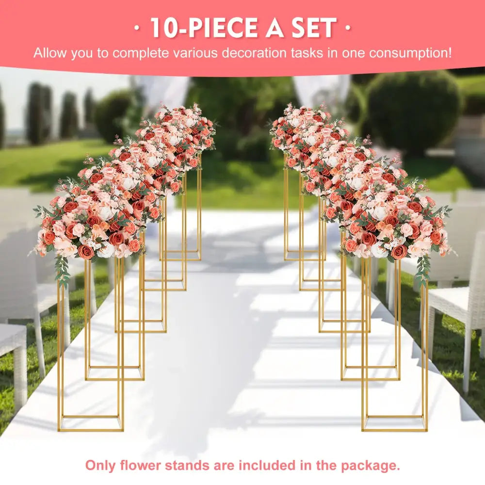 Gold-colored metal flower stand with tall geometric frames holding pink and white roses for wedding flower decor