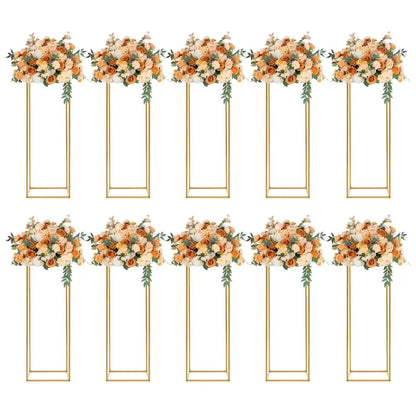 DecorBites™ elegant 10-piece gold metal wedding flower stand with lush peach and cream rose arrangements and greenery