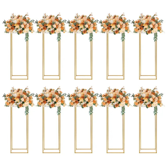 DecorBites™ elegant 10-piece gold metal wedding flower stand with lush peach and cream rose arrangements and greenery