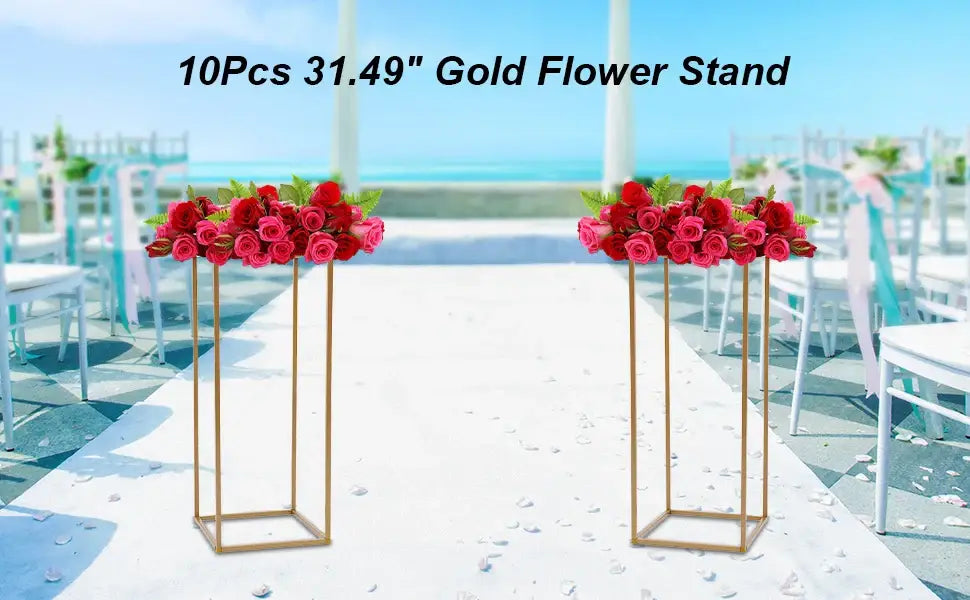 DecorBites™ elegant 10-piece gold wedding flower stand with sleek design holding vibrant red roses and green foliage
