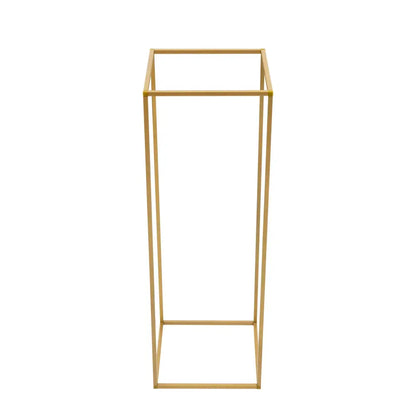 Gold-toned metal flower stand with minimalist rectangular frame design for elegant wedding flower display by DecorBites
