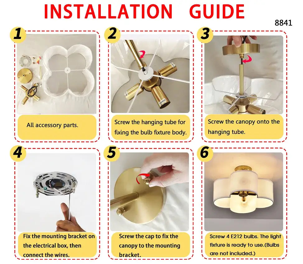 DecorBites™ elegant 4-light gold ceiling light fixture with four white translucent petal-shaped shades in a flower pattern