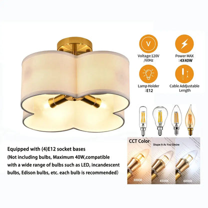 Decorbites™ elegant 4-light gold ceiling fixture featuring a gold ceiling light with cream fabric petal-shaped shades