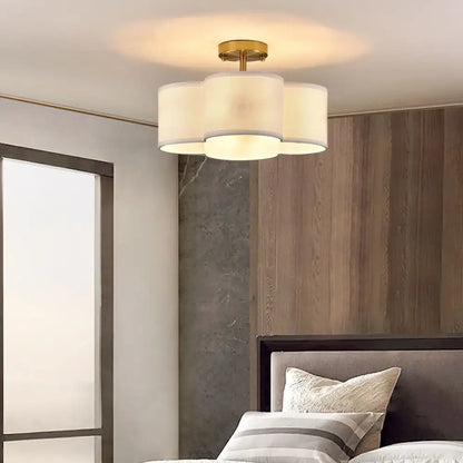 DecorBites™ elegant 4-light gold ceiling fixture with three soft off-white cylindrical shades modern ceiling light